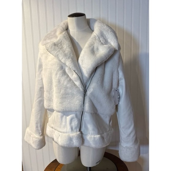 NINE WEST White Faux-Fur Faux Leather Moto Jacket - Picture 8 of 8